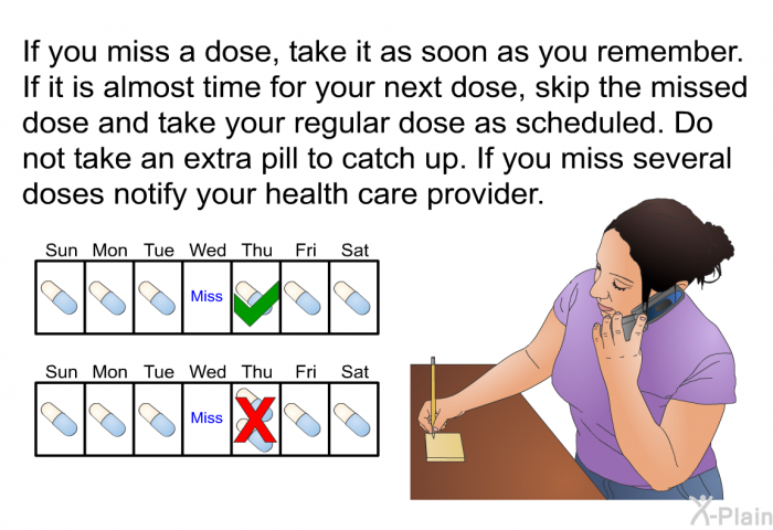 If you miss a dose, take it as soon as you remember. If it is almost time for your next dose, skip the missed dose and take your regular dose as scheduled. Do not take an extra pill to catch up. If you miss several doses notify your health care provider.