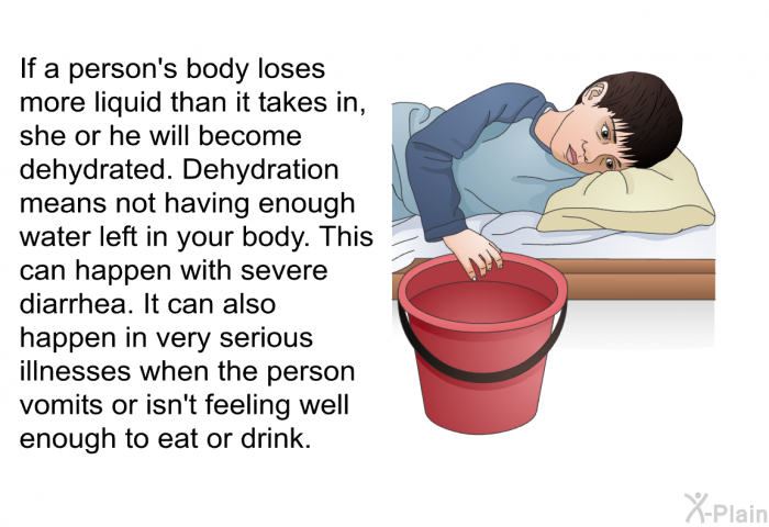 If a person's body loses more liquid than it takes in, she or he will become dehydrated. Dehydration means not having enough water left in your body. This can happen with severe diarrhea. It can also happen in very serious illnesses when the person vomits or isn't feeling well enough to eat or drink.