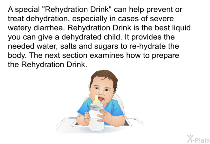 A special “Rehydration Drink” can help prevent or treat dehydration, especially in cases of severe watery diarrhea. Rehydration Drink is the best liquid you can give a dehydrated child. It provides the needed water, salts and sugars to re-hydrate the body. The next section examines how to prepare the Rehydration Drink.