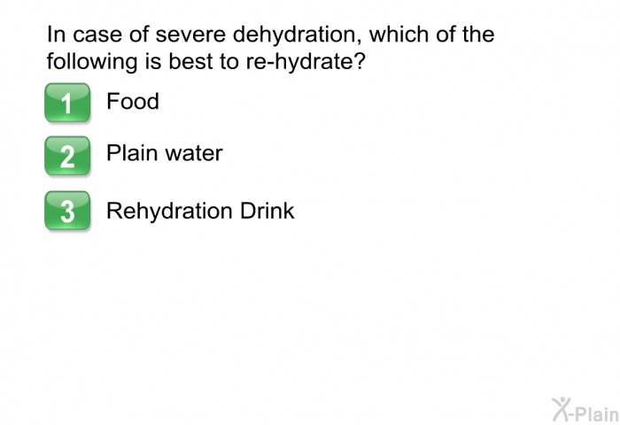 In case of severe dehydration, which of the following is best to re-hydrate?  Food Plain water Rehydration Drink