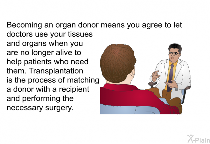 Becoming an organ donor means you agree to let doctors use your tissues and organs when you are no longer alive to help patients who need them. Transplantation is the process of matching a donor with a recipient and performing the necessary surgery.