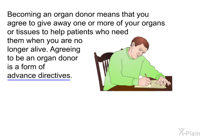 Becoming an organ donor means that you agree to give away one or more of your organs or tissues to help patients who need them when you are no longer alive. Agreeing to be an organ donor is a form of advance directives.