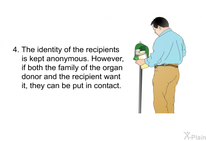 The identity of the recipients is kept anonymous. However, if both the family of the organ donor and the recipient want it, they can be put in contact.