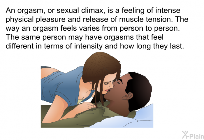 An orgasm, or sexual climax, is a feeling of intense physical pleasure and release of muscle tension. The way an orgasm feels varies from person to person. The same person may have orgasms that feel different in terms of intensity and how long they last.