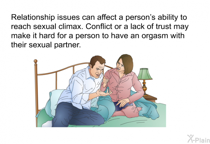 Relationship issues can affect a person's ability to reach sexual climax. Conflict or a lack of trust may make it hard for a person to have an orgasm with their sexual partner.