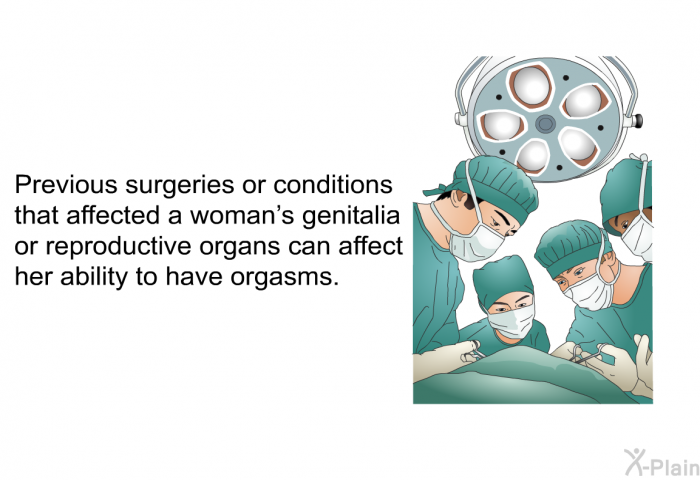 Previous surgeries or conditions that affected a woman's genitalia or reproductive organs can affect her ability to have orgasms.