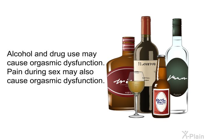Alcohol and drug use may cause orgasmic dysfunction. Pain during sex may also cause orgasmic dysfunction.