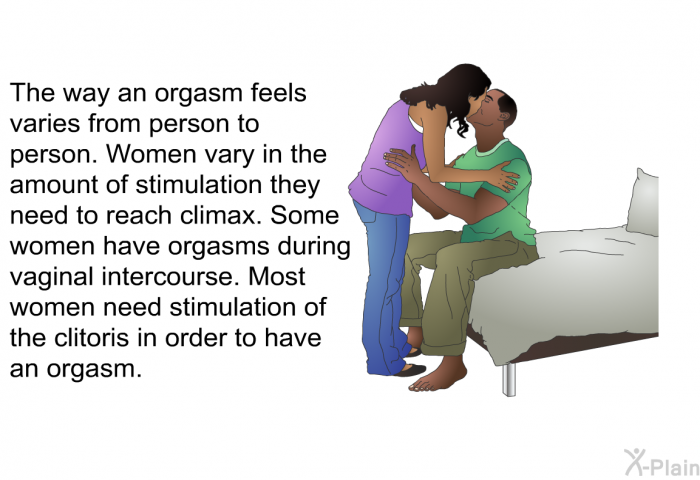 The way an orgasm feels varies from person to person. Women vary in the amount of stimulation they need to reach climax. Some women have orgasms during vaginal intercourse. Most women need stimulation of the clitoris in order to have an orgasm.