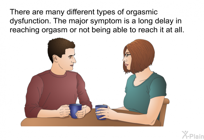 There are many different types of orgasmic dysfunction. The major symptom is a long delay in reaching orgasm or not being able to reach it at all.