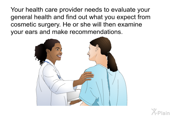 Your health care provider needs to evaluate your general health and find out what you expect from cosmetic surgery. He or she will then examine your ears and make recommendations.
