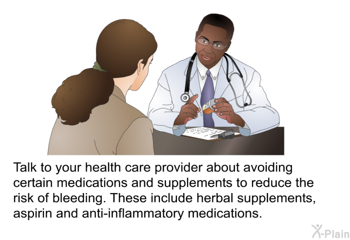 Talk to your health care provider about avoiding certain medications and supplements to reduce the risk of bleeding. These include herbal supplements, aspirin and anti-inflammatory medications.