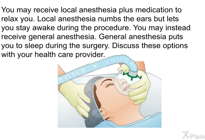 You may receive local anesthesia plus medication to relax you. Local anesthesia numbs the ears but lets you stay awake during the procedure. You may instead receive general anesthesia. General anesthesia puts you to sleep during the surgery. Discuss these options with your health care provider.