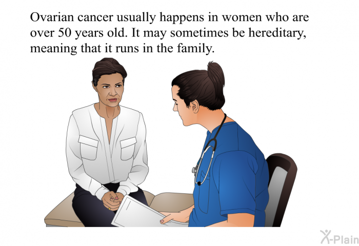 Ovarian cancer usually happens in women who are over 50 years old. It may sometimes be hereditary, meaning that it runs in the family.