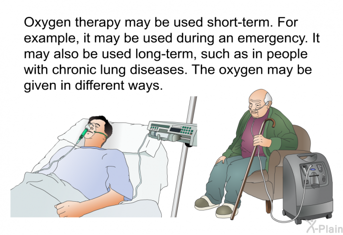 Oxygen therapy may be used short-term. For example, it may be used during an emergency. It may also be used long-term, such as in people with chronic lung diseases. The oxygen may be given in different ways.