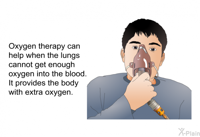 Oxygen therapy can help when the lungs cannot get enough oxygen into the blood. It provides the body with extra oxygen.