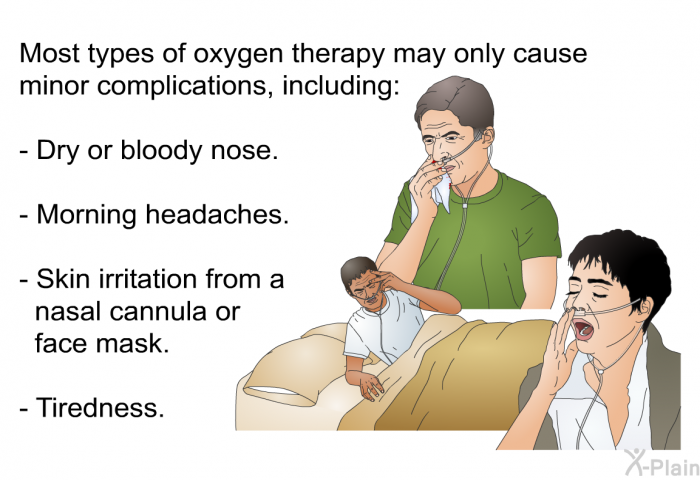 Most types of oxygen therapy may only cause minor complications, including:  Dry or bloody nose. Morning headaches. Skin irritation from a nasal cannula or face mask. Tiredness.