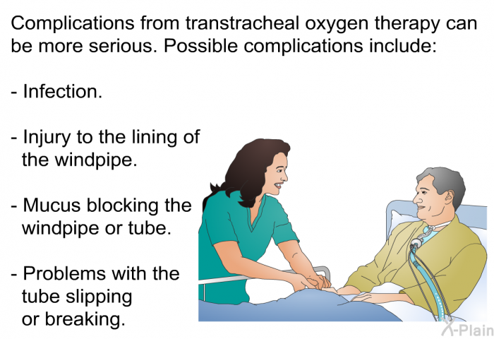 Complications from transtracheal oxygen therapy can be more serious. Possible complications include:  Infection. Injury to the lining of the windpipe. Mucus blocking the windpipe or tube. Problems with the tube slipping or breaking.
