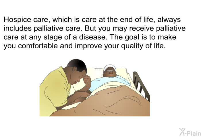 Hospice care, which is care at the end of life, always includes palliative care. But you may receive palliative care at any stage of a disease. The goal is to make you comfortable and improve your quality of life.