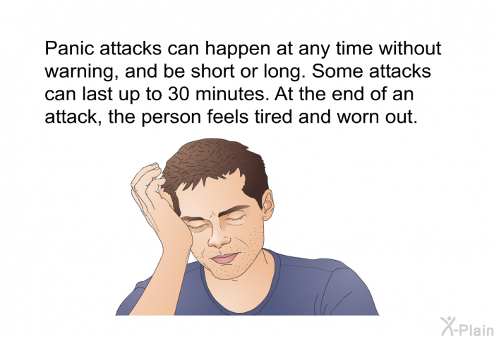 Panic attacks can happen at any time without warning, and be short or long. Some attacks can last up to 30 minutes. At the end of an attack, the person feels tired and worn out.