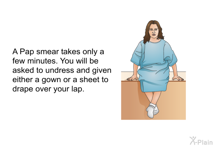 A Pap smear takes only a few minutes. You will be asked to undress and given either a gown or a sheet to drape over your lap.