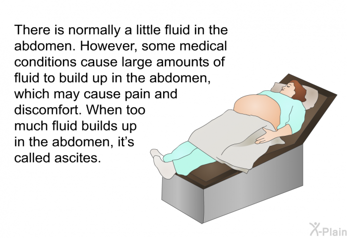 There is normally a little fluid in the abdomen. However, some medical conditions cause large amounts of fluid to build up in the abdomen, which may cause pain and discomfort. When too much fluid builds up in the abdomen, it's called ascites.
