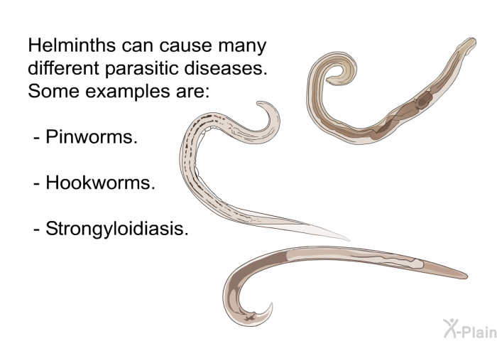 Helminths can cause many different parasitic diseases. Some examples are:  Pinworms. Hookworms. Strongyloidiasis.