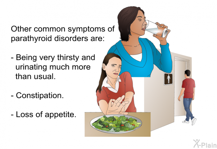 Other common symptoms of parathyroid disorders are:  Being very thirsty and urinating much more than usual. Constipation. Loss of appetite.