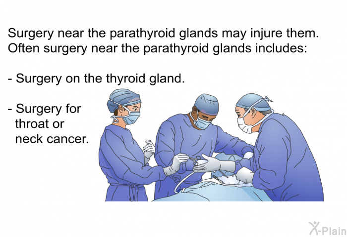 Surgery near the parathyroid glands may injure them. Often surgery near the parathyroid glands includes:  Surgery on the thyroid gland. Surgery for throat or neck cancer.