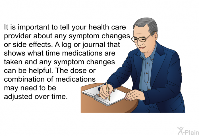 It is important to tell your health care provider about any symptom changes or side effects. A log or journal that shows what time medications are taken and any symptom changes can be helpful. The dose or combination of medications may need to be adjusted over time.
