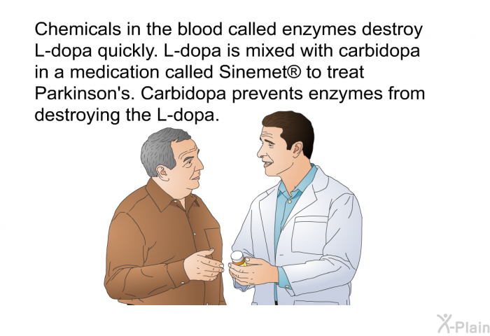 Chemicals in the blood called enzymes destroy L-dopa quickly. L-dopa is mixed with carbidopa in a medication called Sinemet<SUP> </SUP> to treat Parkinson's. Carbidopa prevents enzymes from destroying the L-dopa.
