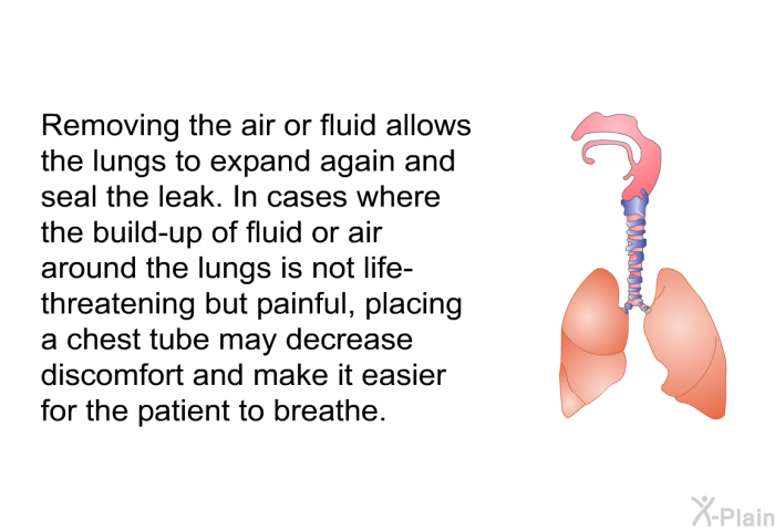 Removing the air or fluid allows the lungs to expand again and seal the leak. In cases where the build-up of fluid or air around the lungs is not life-threatening but painful, placing a chest tube may decrease discomfort and make it easier for the patient to breathe.