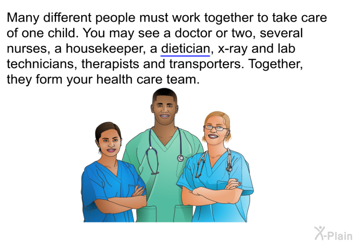 Many different people must work together to take care of one child. You may see a doctor or two, several nurses, a housekeeper, a dietician, x-ray and lab technicians, therapists and transporters. Together, they form your health care team.