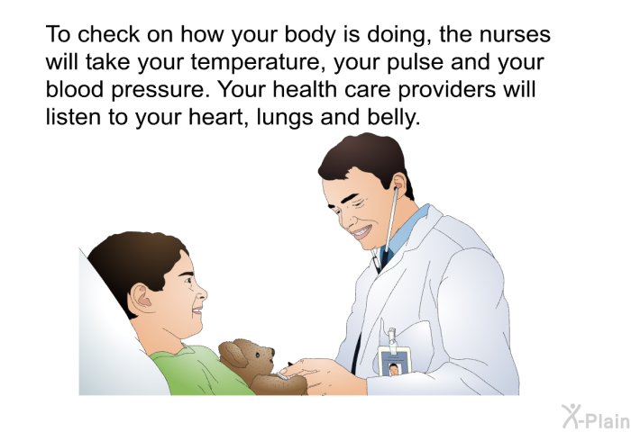 To check on how your body is doing, the nurses will take your temperature, your pulse and your blood pressure. Your health care providers will listen to your heart, lungs and belly.