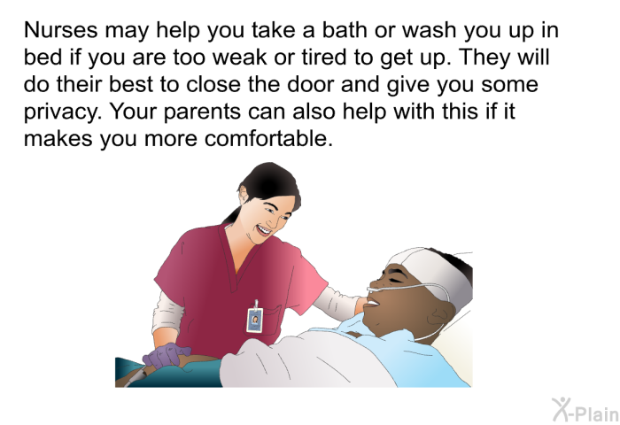 Nurses may help you take a bath or wash you up in bed if you are too weak or tired to get up. They will do their best to close the door and give you some privacy. Your parents can also help with this if it makes you more comfortable.