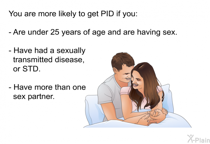 You are more likely to get PID if you:  Are under 25 years of age and are having sex. Have had a sexually transmitted disease, or STD. Have more than one sex partner.