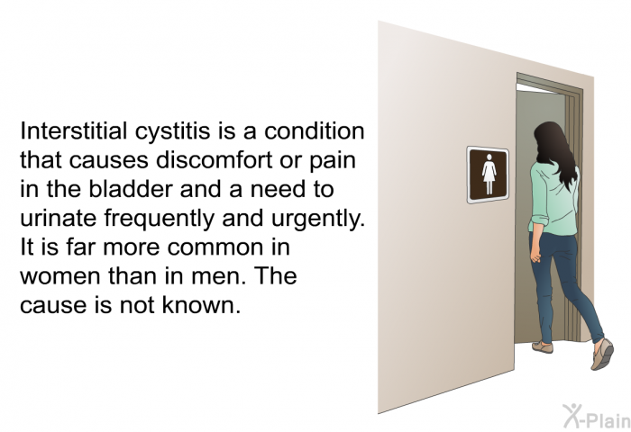 Interstitial cystitis is a condition that causes discomfort or pain in the bladder and a need to urinate frequently and urgently. It is far more common in women than in men. The cause is not known.