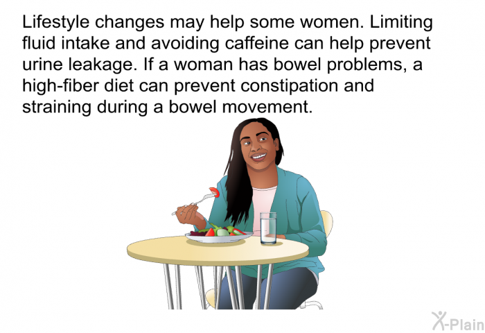 Lifestyle changes may help some women. Limiting fluid intake and avoiding caffeine can help prevent urine leakage. If a woman has bowel problems, a high-fiber diet can prevent constipation and straining during a bowel movement.