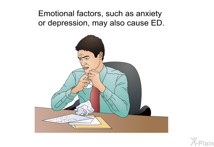 Emotional factors, such as anxiety or depression, may also cause ED.