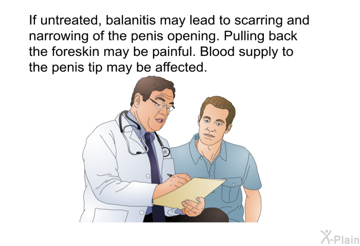If untreated, balanitis may lead to scarring and narrowing of the penis opening. Pulling back the foreskin may be painful. Blood supply to the penis tip may be affected.