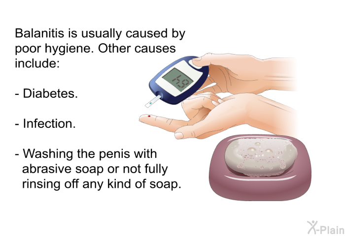 Balanitis is usually caused by poor hygiene. Other causes include:  Diabetes. Infection. Washing the penis with abrasive soap or not fully rinsing off any kind of soap.