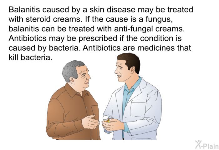 Balanitis caused by a skin disease may be treated with steroid creams. If the cause is a fungus, balanitis can be treated with anti-fungal creams. Antibiotics may be prescribed if the condition is caused by bacteria. Antibiotics are medicines that kill bacteria.