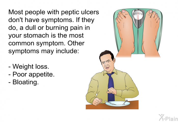 Most people with peptic ulcers don't have symptoms. If they do, a dull or burning pain in your stomach is the most common symptom. Other symptoms may include:  Weight loss. Poor appetite. Bloating.