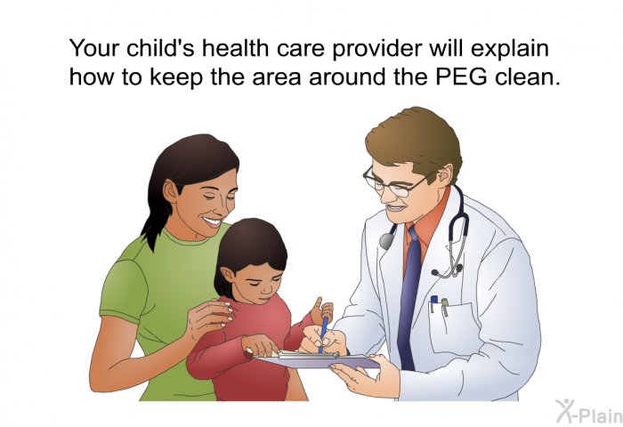 Your child's health care provider will explain how to keep the area around the PEG clean.
