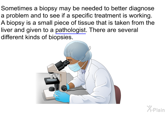 Sometimes a biopsy may be needed to better diagnose a problem and to see if a specific treatment is working. A biopsy is a small piece of tissue that is taken from the liver and given to a pathologist. There are several different kinds of biopsies.