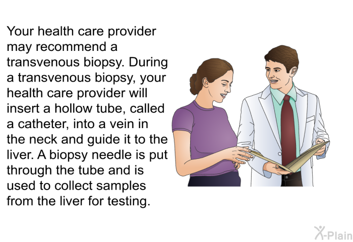 Your health care provider may recommend a transvenous biopsy. During a transvenous biopsy, your health care provider will insert a hollow tube, called a catheter, into a vein in the neck and guide it to the liver. A biopsy needle is put through the tube and is used to collect samples from the liver for testing.