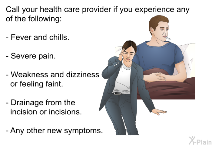 Call your health care provider if you experience any of the following:  Fever and chills. Severe pain. Weakness and dizziness or feeling faint. Drainage from the incision or incisions. Any other new symptoms.