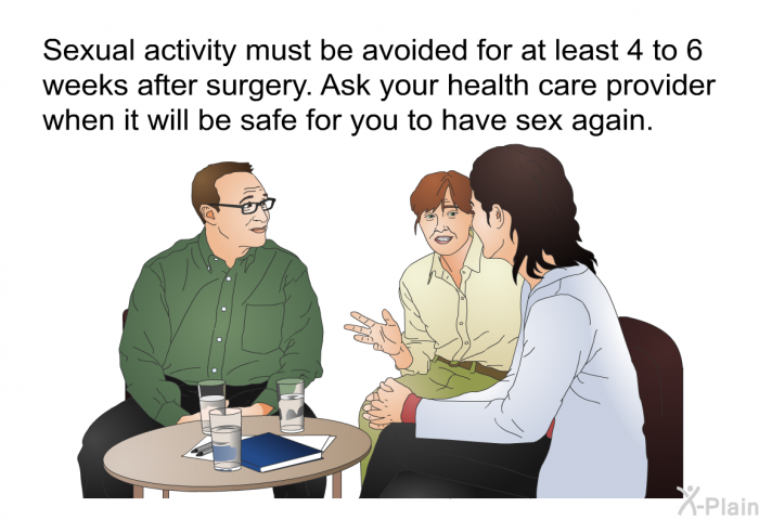 Sexual activity must be avoided for at least 4 to 6 weeks after surgery. Ask your health care provider when it will be safe for you to have sex again.