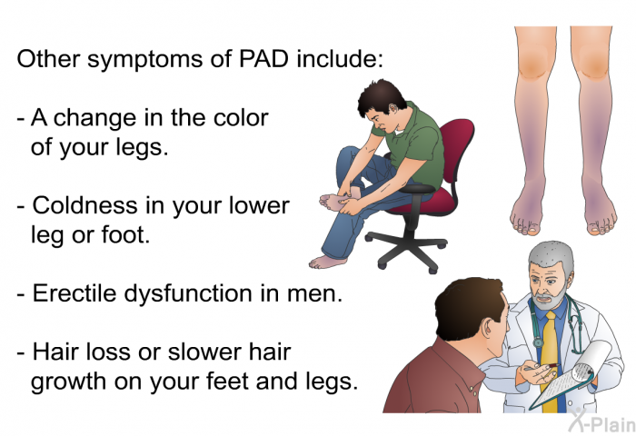 Other symptoms of PAD include:  A change in the color of your legs. Coldness in your lower leg or foot. Erectile dysfunction in men. Hair loss or slower hair growth on your feet and legs.