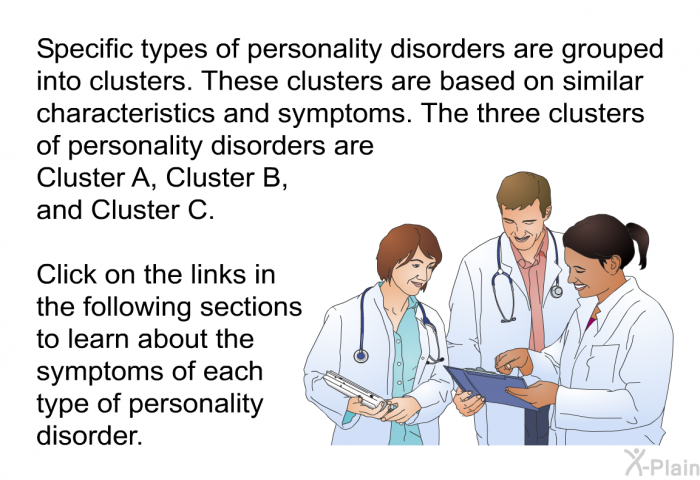 Specific types of personality disorders are grouped into clusters. These clusters are based on similar characteristics and symptoms. The three clusters of personality disorders are Cluster A, Cluster B, and Cluster C. Click on the links in the following sections to learn about the symptoms of each type of personality disorder.
