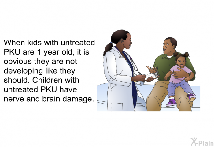 When kids with untreated PKU are 1 year old, it is obvious they are not developing like they should. Children with untreated PKU have nerve and brain damage.
